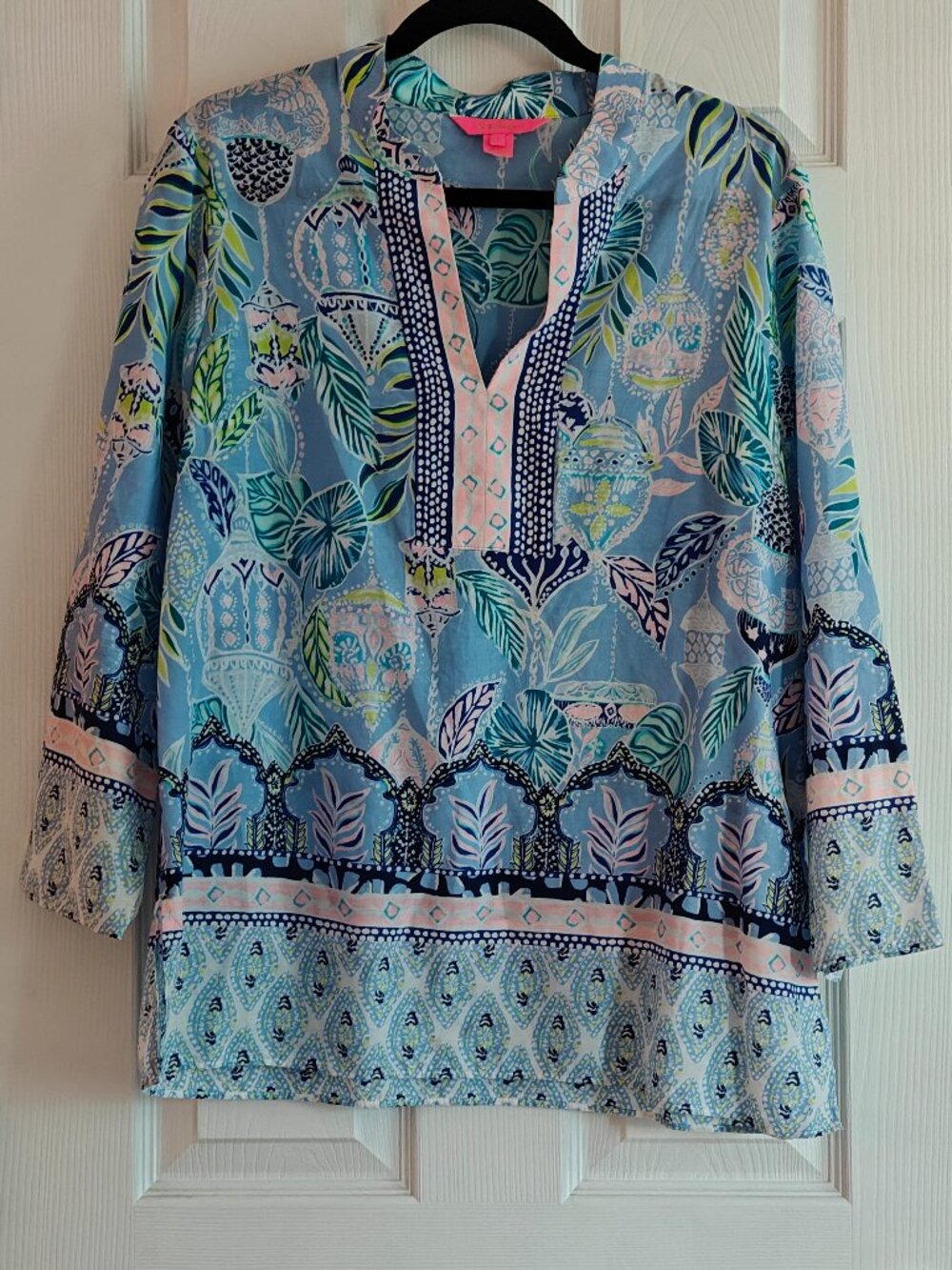 LILLY PULITZER Asani Tunic Top Women's Size Large Lapis Lanterns Blue Pink Beach